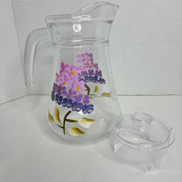 Vintage Grant Howard Hand Painted Pink Hydrangea Floral Design Glass Pitcher - Picture 6 of 7